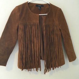 Faux suede fringe trim jacket
